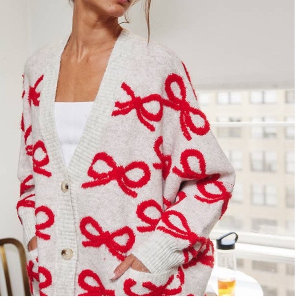 BUCKETLIST Red Bow Patterned Cardigan